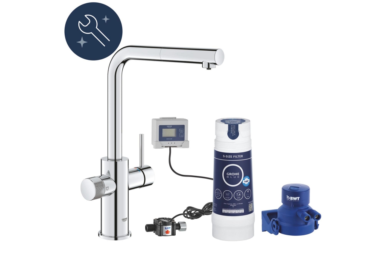 Смеситель для кухонной мойки GROHE Blue Pure Minta c вытяжным изливом, функцией фильтрации, с фильтром в комплекте, хром (30591000)