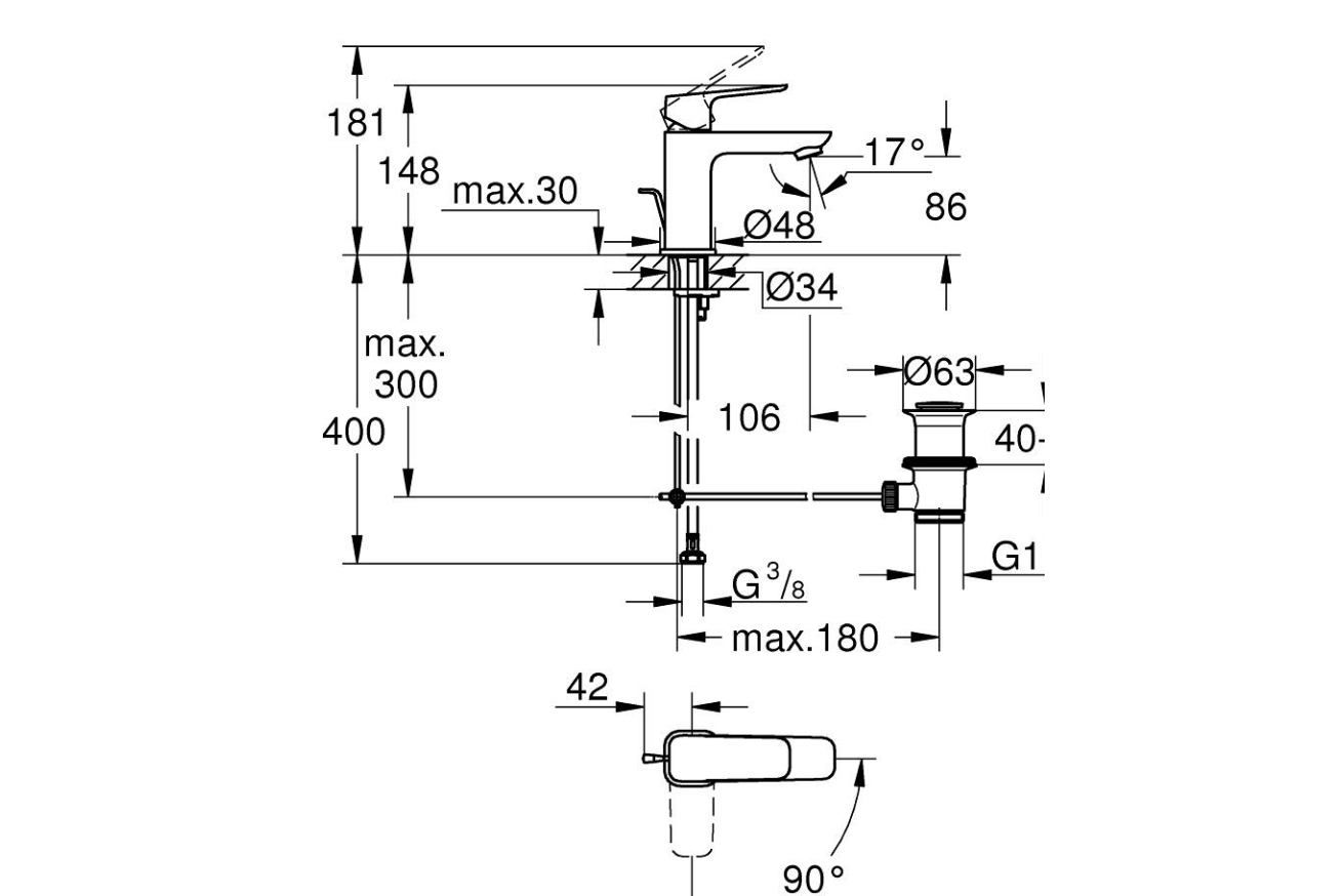 Смеситель для раковины GROHE Cubeo с донным клапаном, S-size, хром (1017300000)