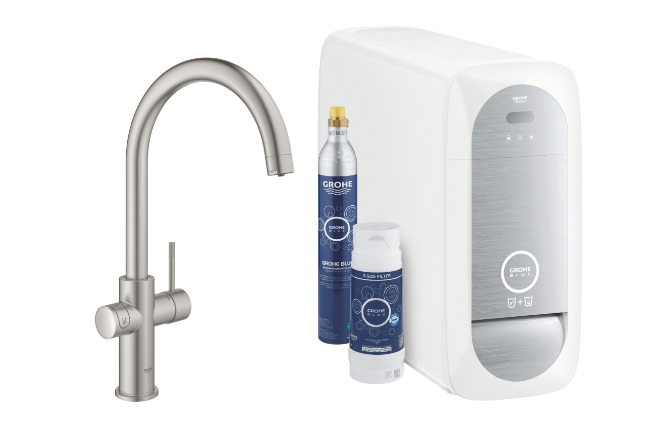 Смеситель для кухни GROHE Blue Home с системой фильтрации, охлаждения и газирования воды, суперсталь (31455DC1)