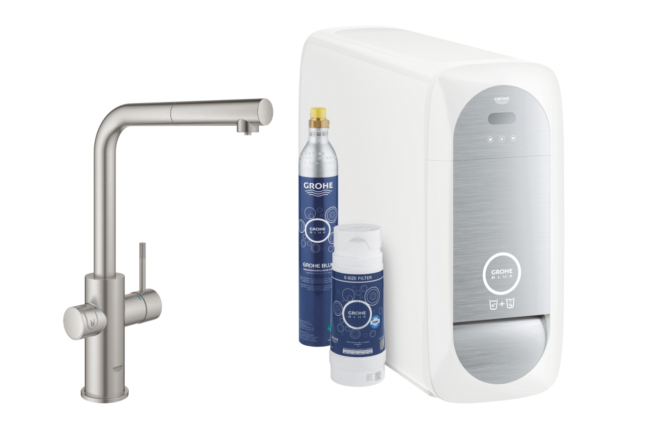 Смеситель для кухни GROHE Blue Home с системой фильтрации, охлаждения и газирования воды, Wi-Fi, суперсталь (31539DC0)