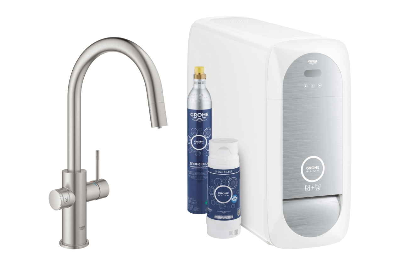 Смеситель для кухни GROHE Blue Home с системой фильтрации, охлаждения и газирования воды, Wi-Fi, суперсталь (31541DC0)