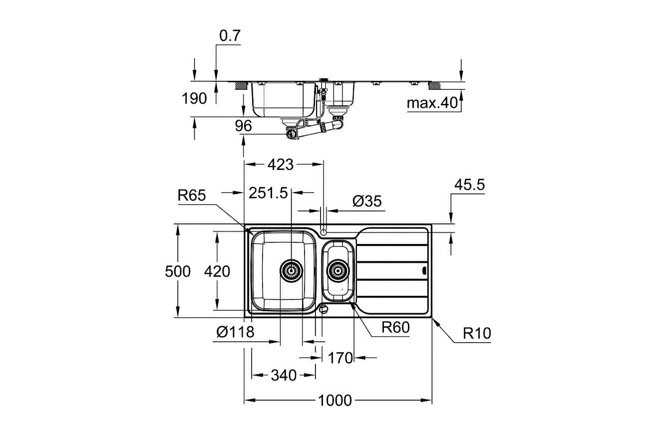 Мойка GROHE K500 с корзинчатым вентилем, нержавеющая сталь (31572SD1)