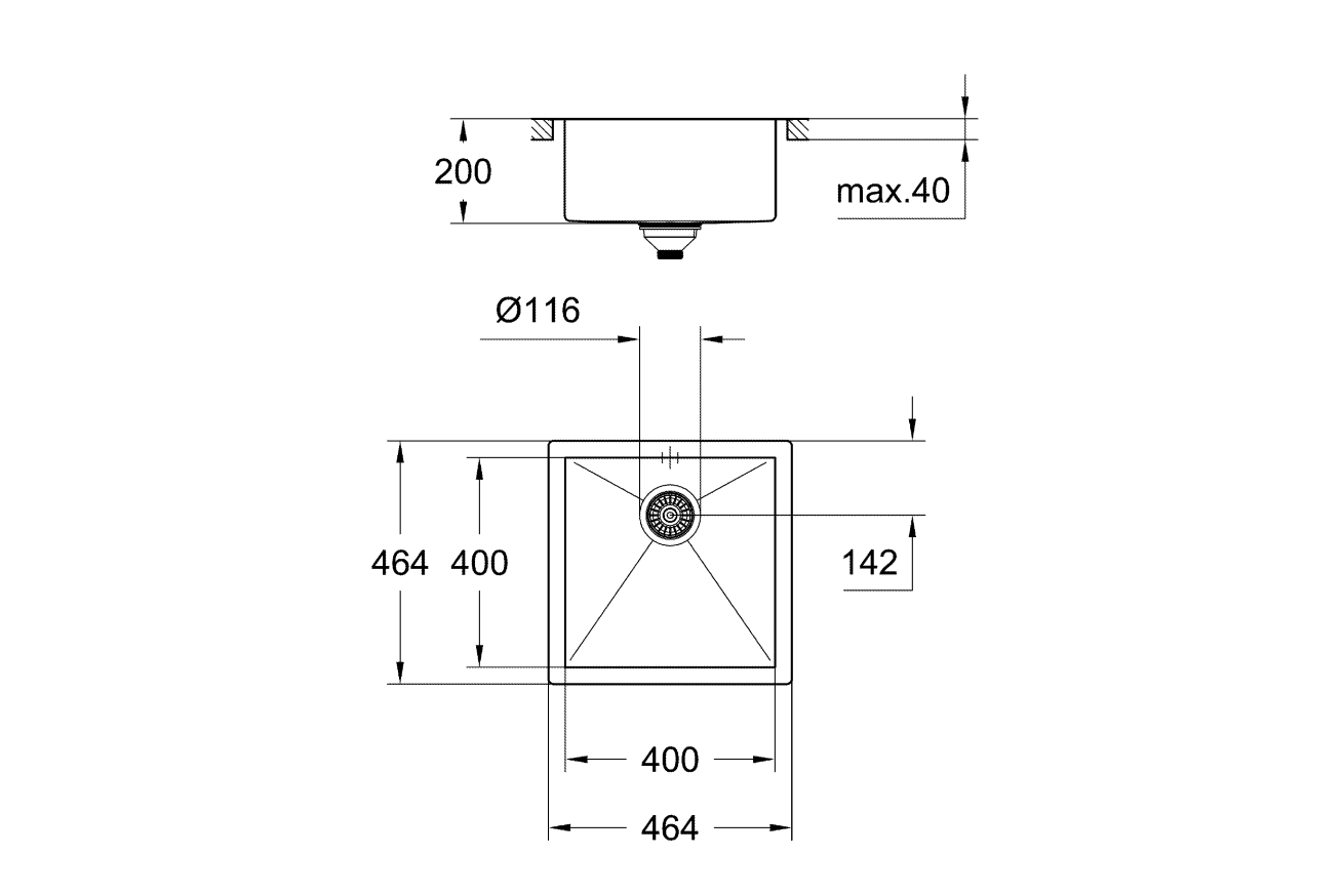 Мойка GROHE из нержавеющей стали 40 см с корзинчатым вентилем, 1 чаша, K700 Cube (31578SD0)