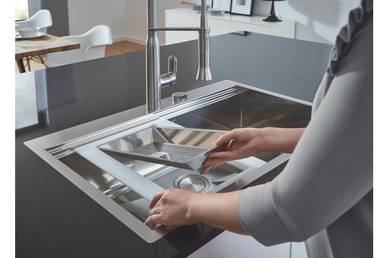 Мойка GROHE из нержавеющей стали с корзинчатым вентилем, расположение основной чаши слева, K1000 80-S 116/52 1.0 (31581SD0)