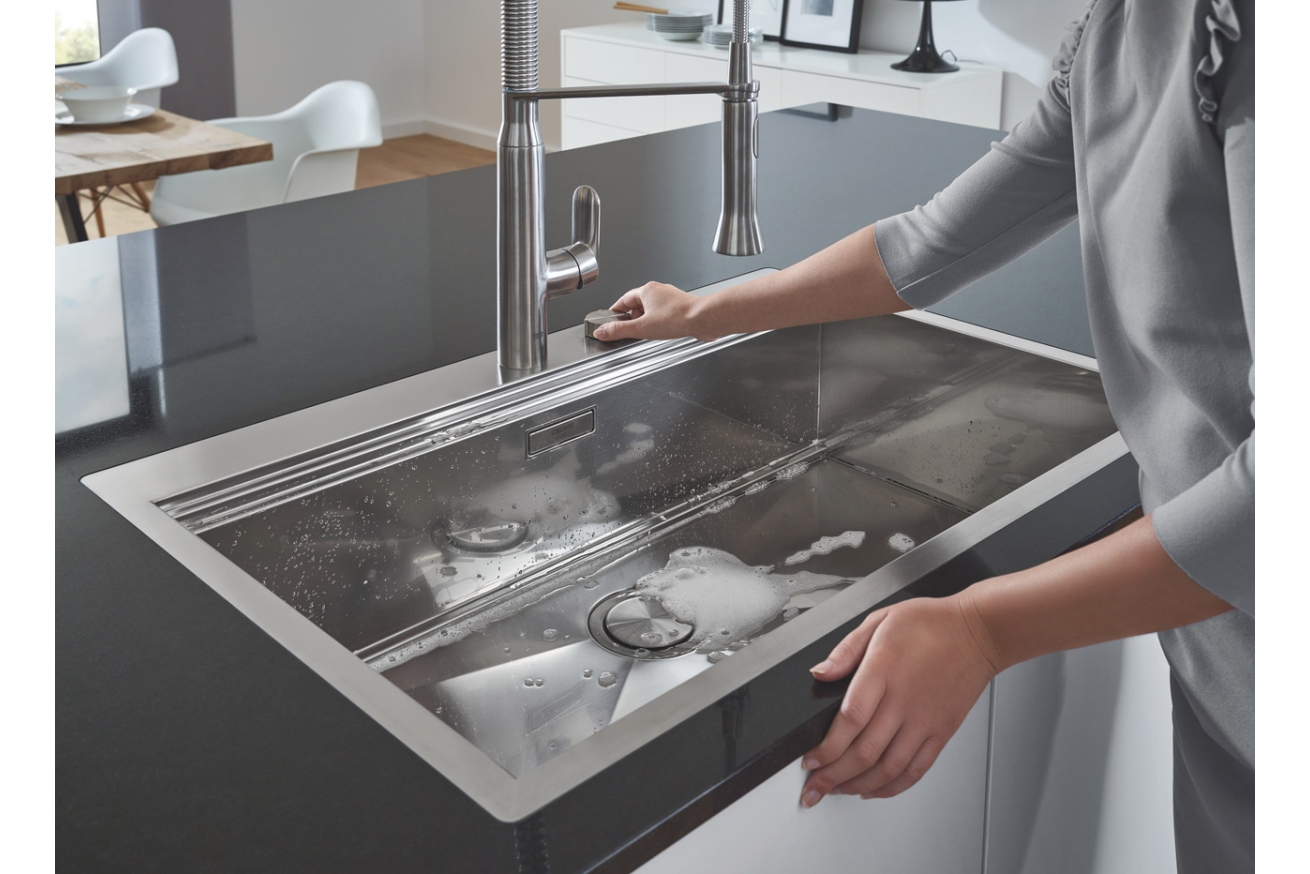 Мойка GROHE из нержавеющей стали с корзинчатым вентилем, расположение основной чаши слева, K1000 80-S 116/52 1.0 (31581SD0)