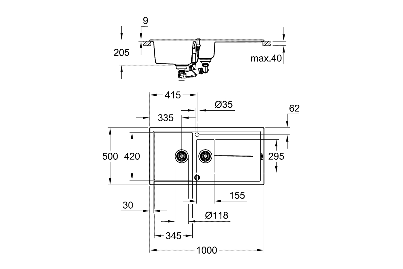 Мойка GROHE K400 с 1,5 чашей, 1000 x 500 мм, серый гранит (31642AT0)