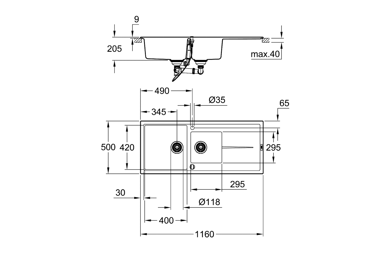 Мойка GROHE K400 с 1,5 чашей, черный гранит (31643AP0)