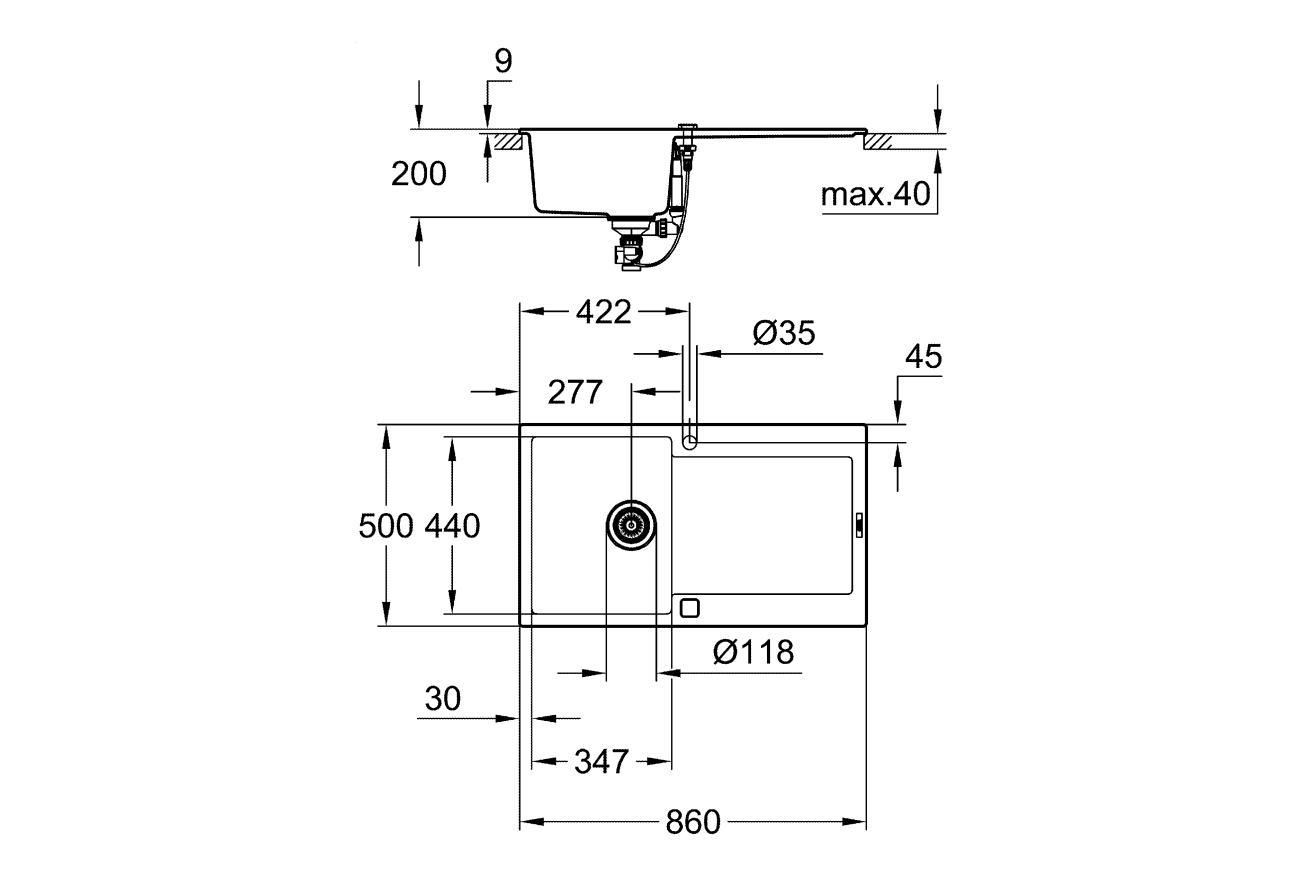 Мойка GROHE K500 с одной чашей, 860 x 500 мм, черный гранит (31644AP0)