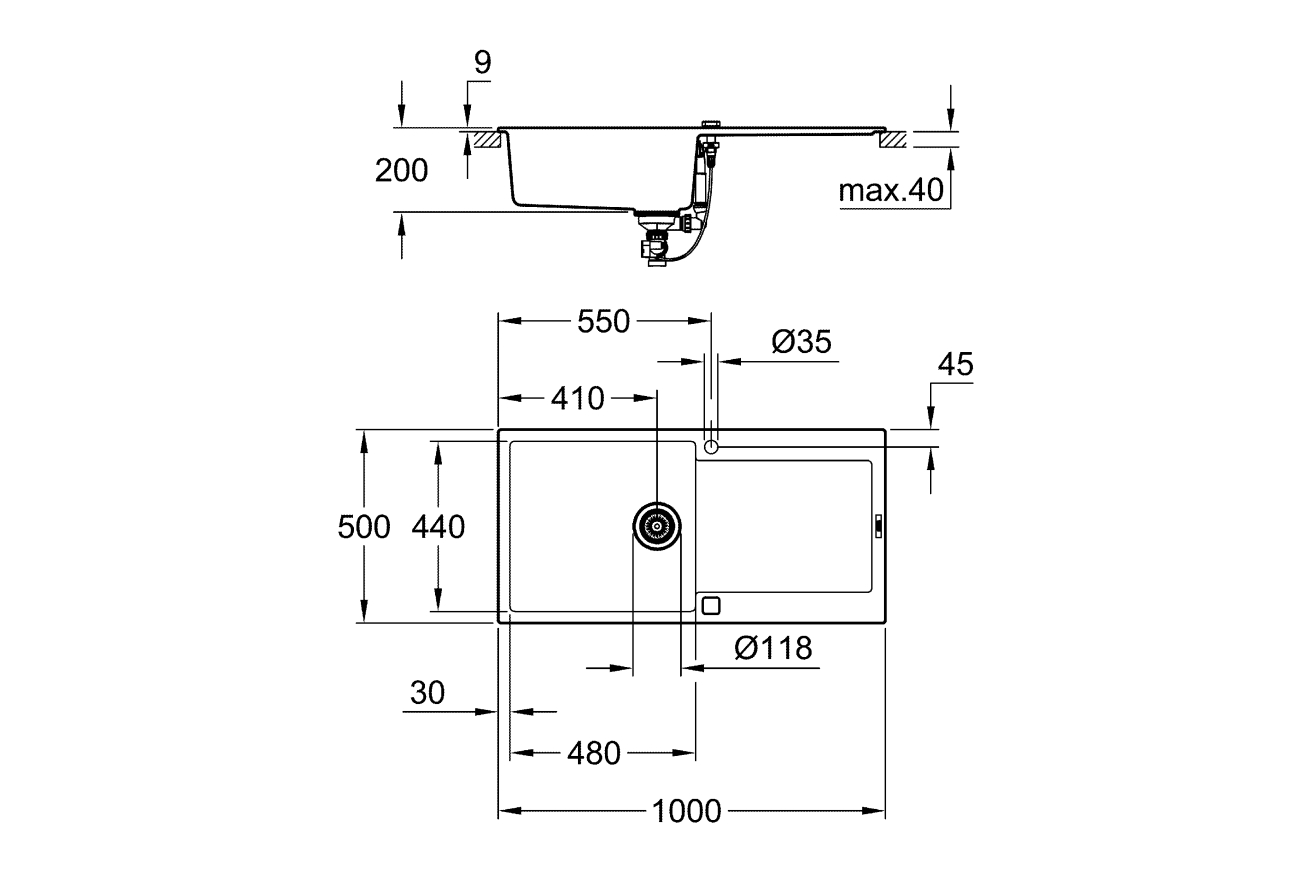 Мойка GROHE K500 с одной чашей, 1000 x 500 мм, черный гранит (31645AP0)