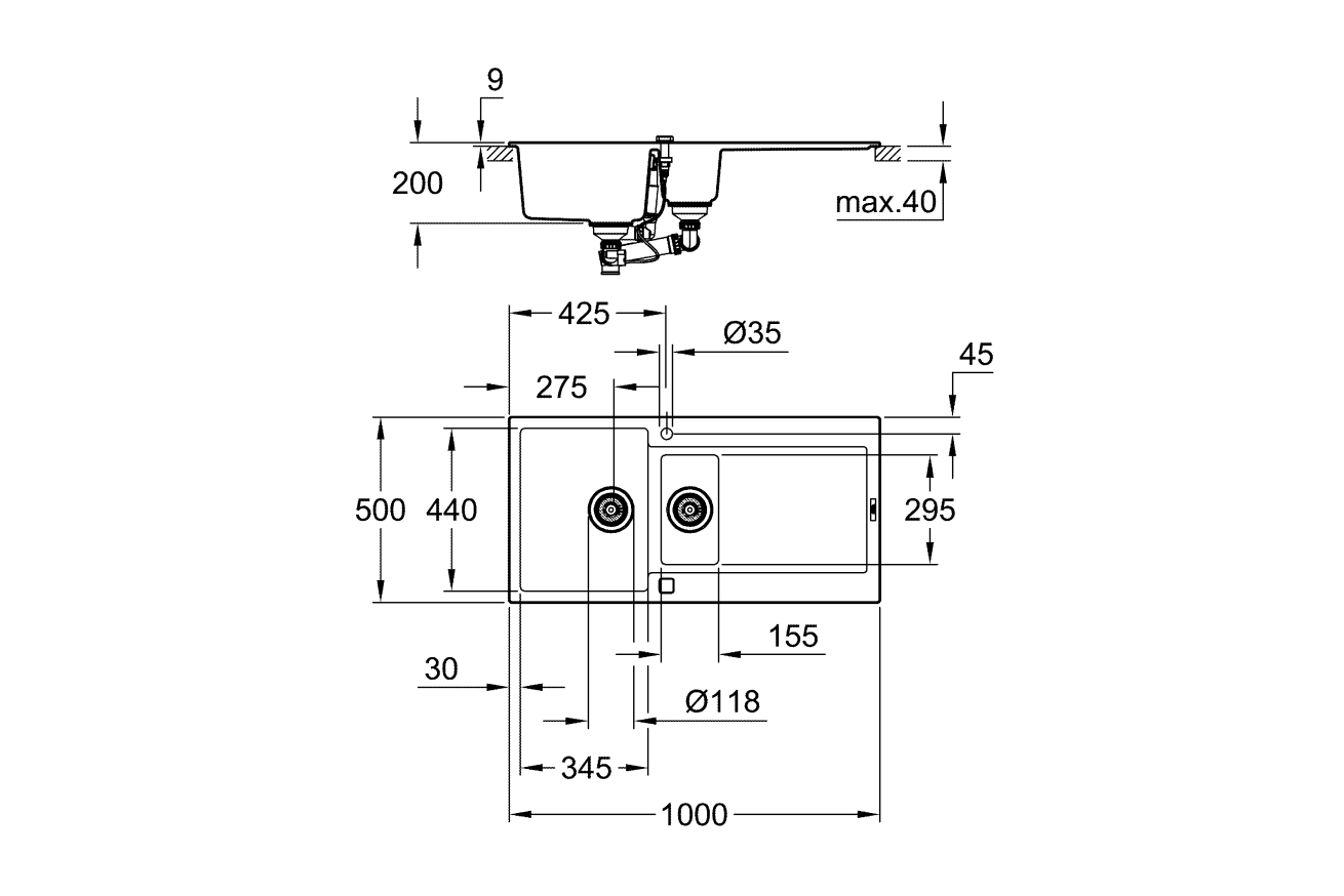 Мойка GROHE K500 с 1,5 чашей, 1000 x 500 мм, черный гранит (31646AP0)