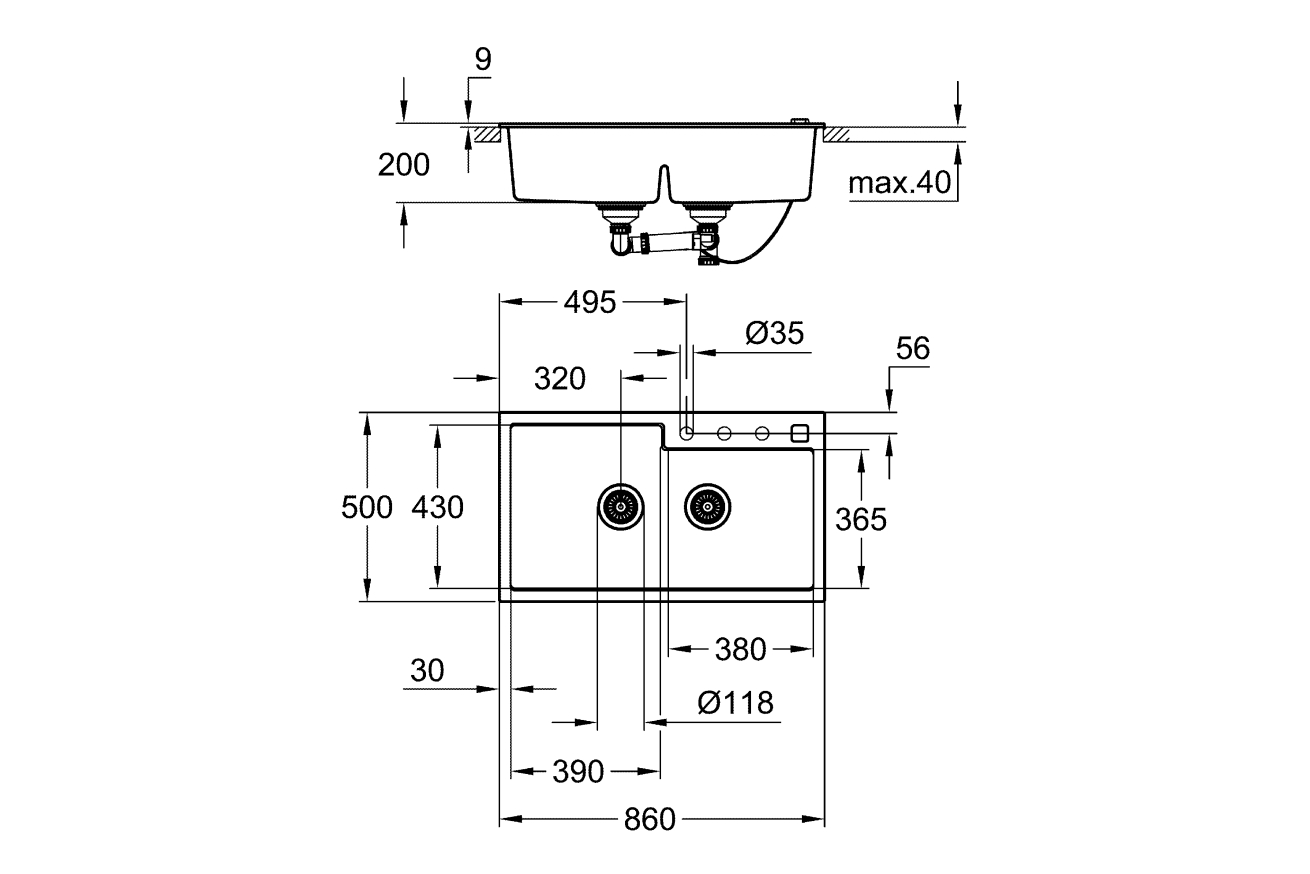 Мойка GROHE K500 с 2 чашами, 860 x 500 мм, черный гранит (31649AP0)