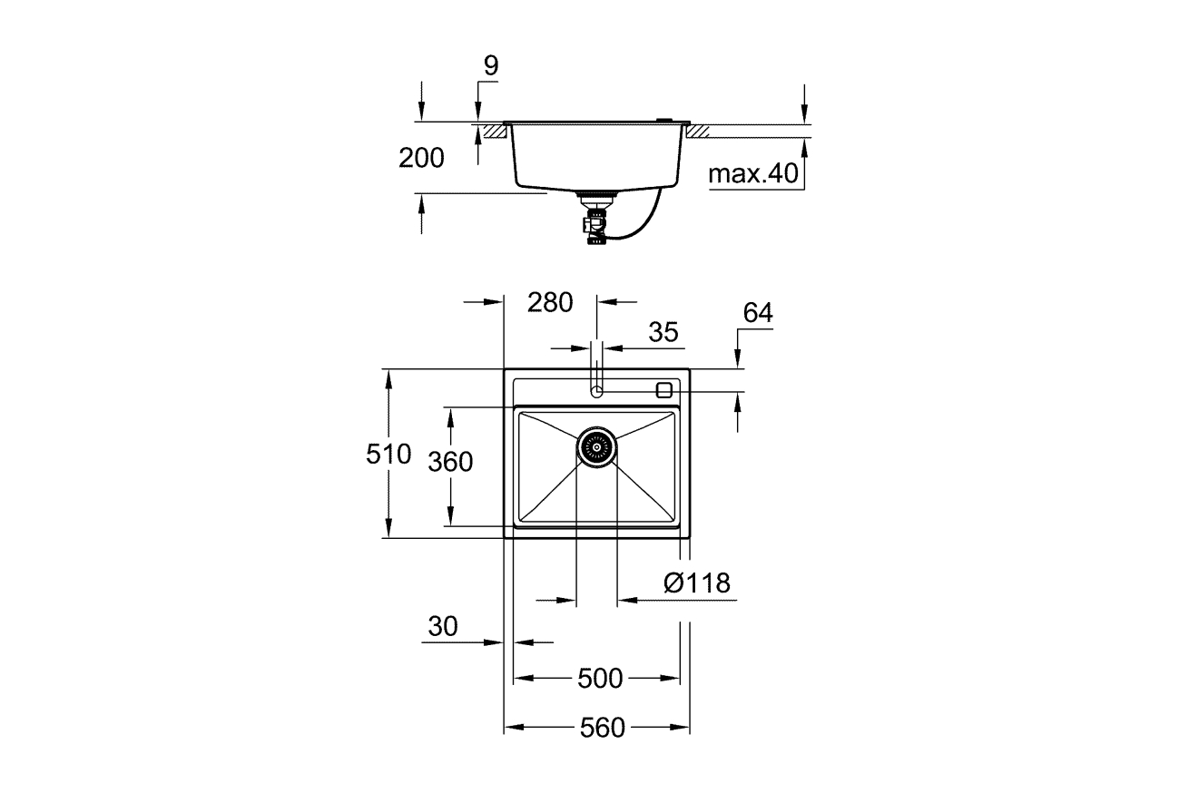 Мойка GROHE K700 с одной чашей, 560 x 510 мм, черный гранит (31651AP0)