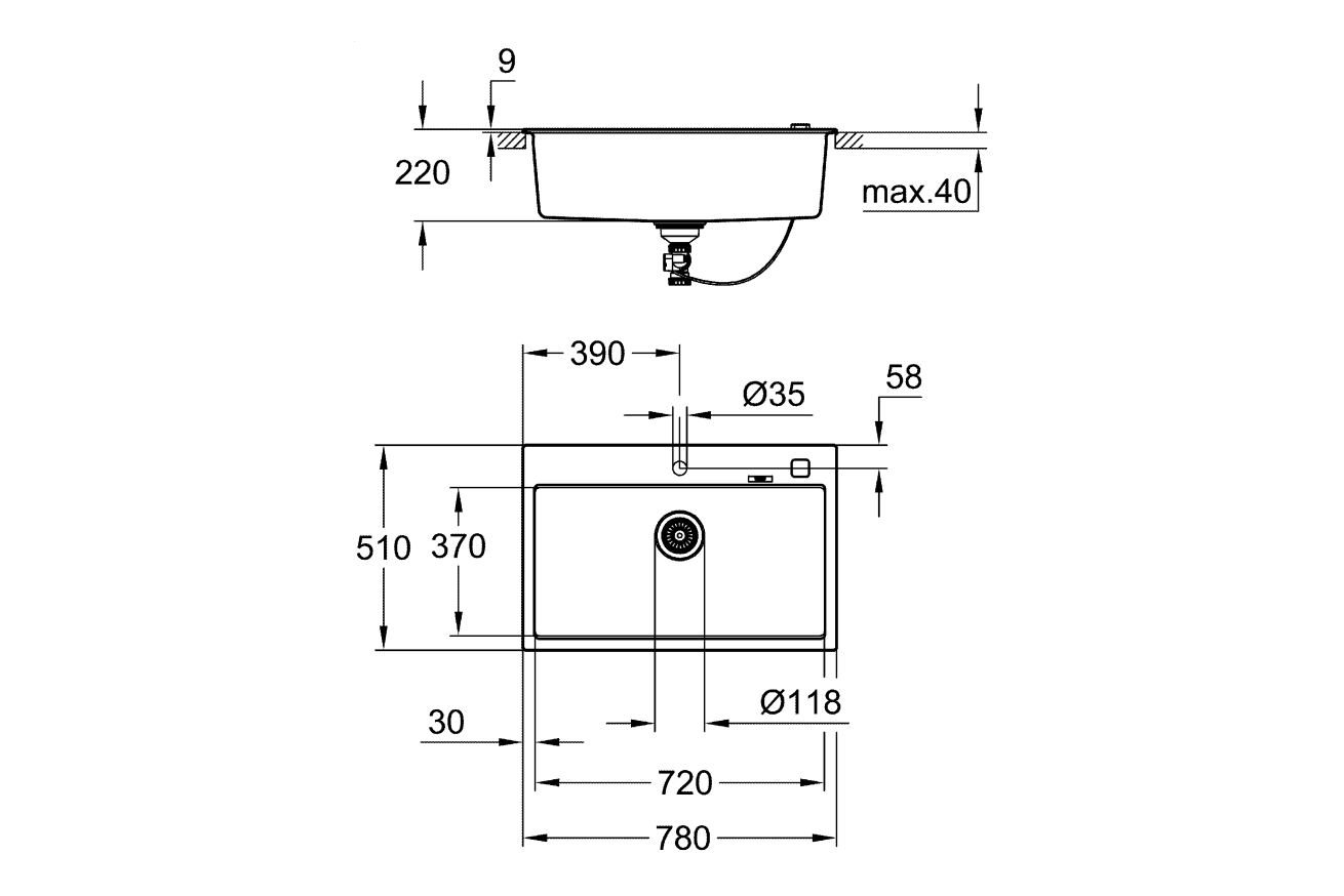 Мойка GROHE K700 с одной чашей, 780 x 510 мм, черный гранит (31652AP0)