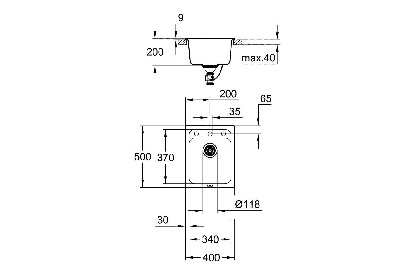 Мойка GROHE K700 с одной чашей, 400 x 500 мм, черный гранит (31650AP0)