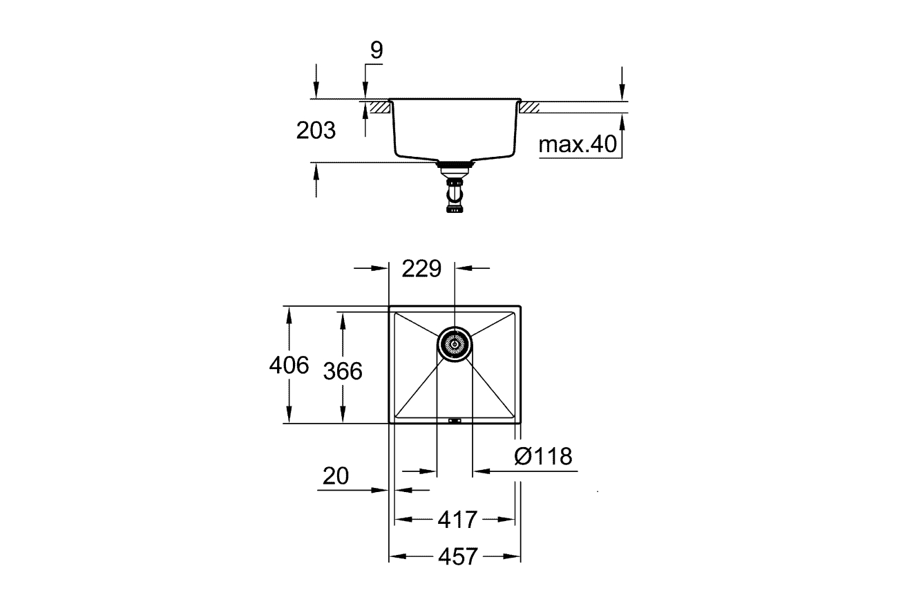 Мойка GROHE K700U с одной чашей, 457 x 406 мм, черный гранит (31653AP0)