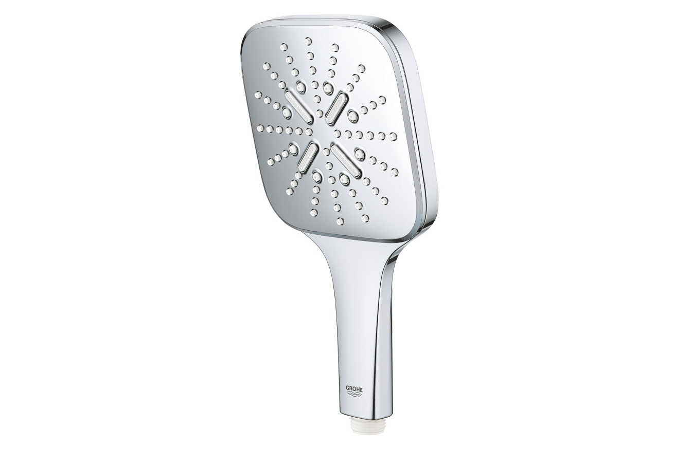 Душевой гарнитур GROHE Rainshower SmartActive 130 Cube с мыльницей, 3 режима струи, душевая штанга 900 мм, 9,5 л/мин, хром (26587000)