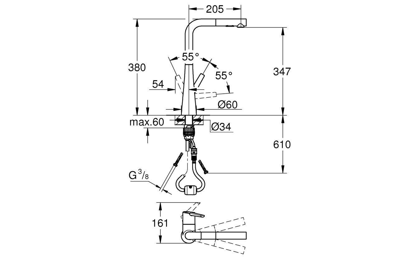 Смеситель для кухни GROHE Zedra с вытяжным душем 2jet, суперсталь (32553DC2)