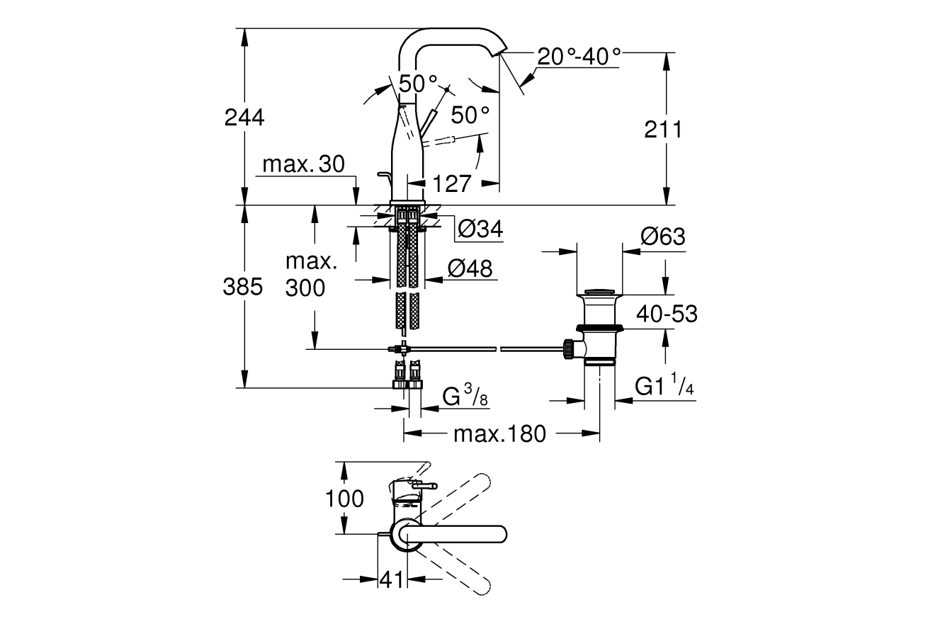 Смеситель для раковины GROHE Essence с донным клапаном, L-Size, суперсталь (32628DC1)