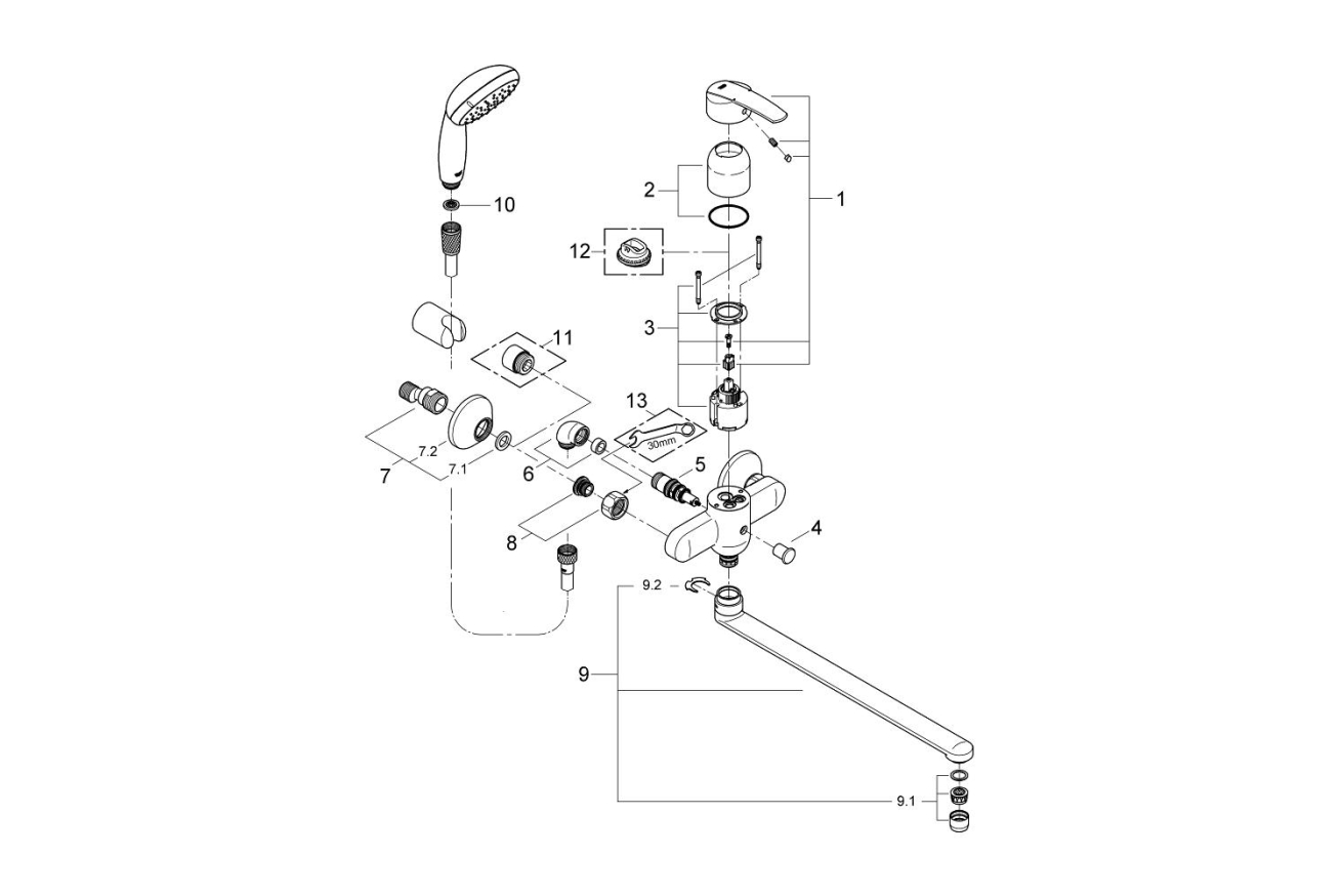 Смеситель для ванны GROHE Multiform универсальный, с душевым гарнитуром, хром (3270800A/U) (УЦЕНКА - Вмятины на изливе)