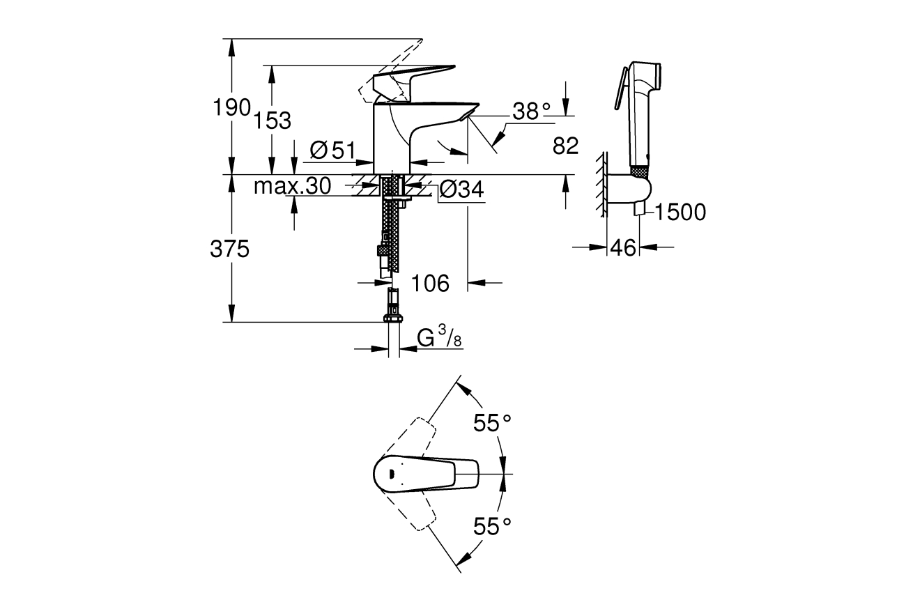 Смеситель для раковины GROHE Start Edge QuickFix с гигиеническим душем, S-Size, хром (23773001)