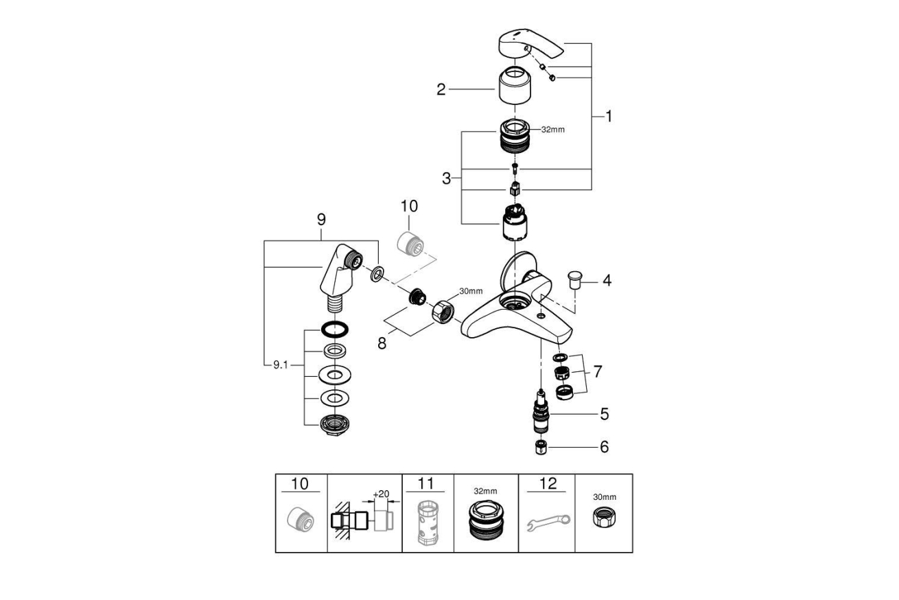 Смеситель для ванны GROHE Eurosmart на 2 отверстия, на край ванны с вертикальным подключением, хром (33303002)