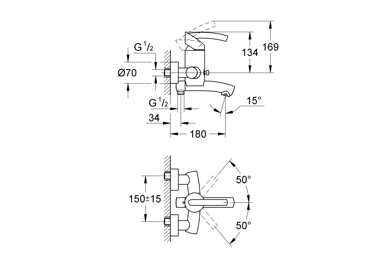Смеситель для ванны GROHE Tenso, настенный монтаж, хром (33349000)