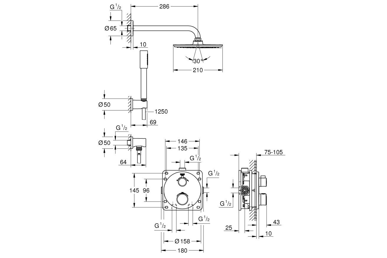 Набор для комплектации душа с Rainshower Cosmopolitan 210, GROHE Grohtherm, хром, (34732000) 
