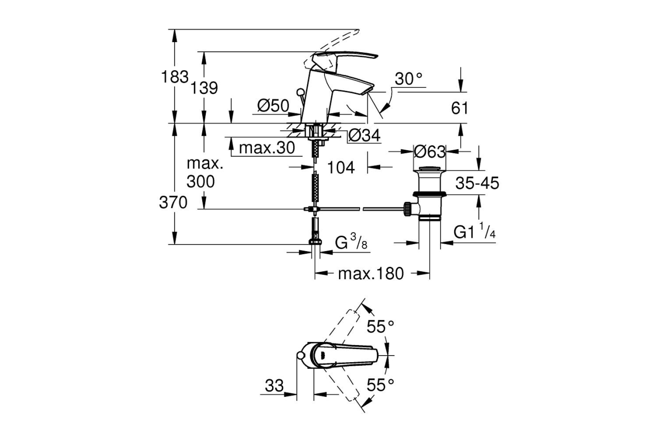 Смеситель для раковины GROHE Start QuickFix с донным клапаном, S-size, хром (32559001)