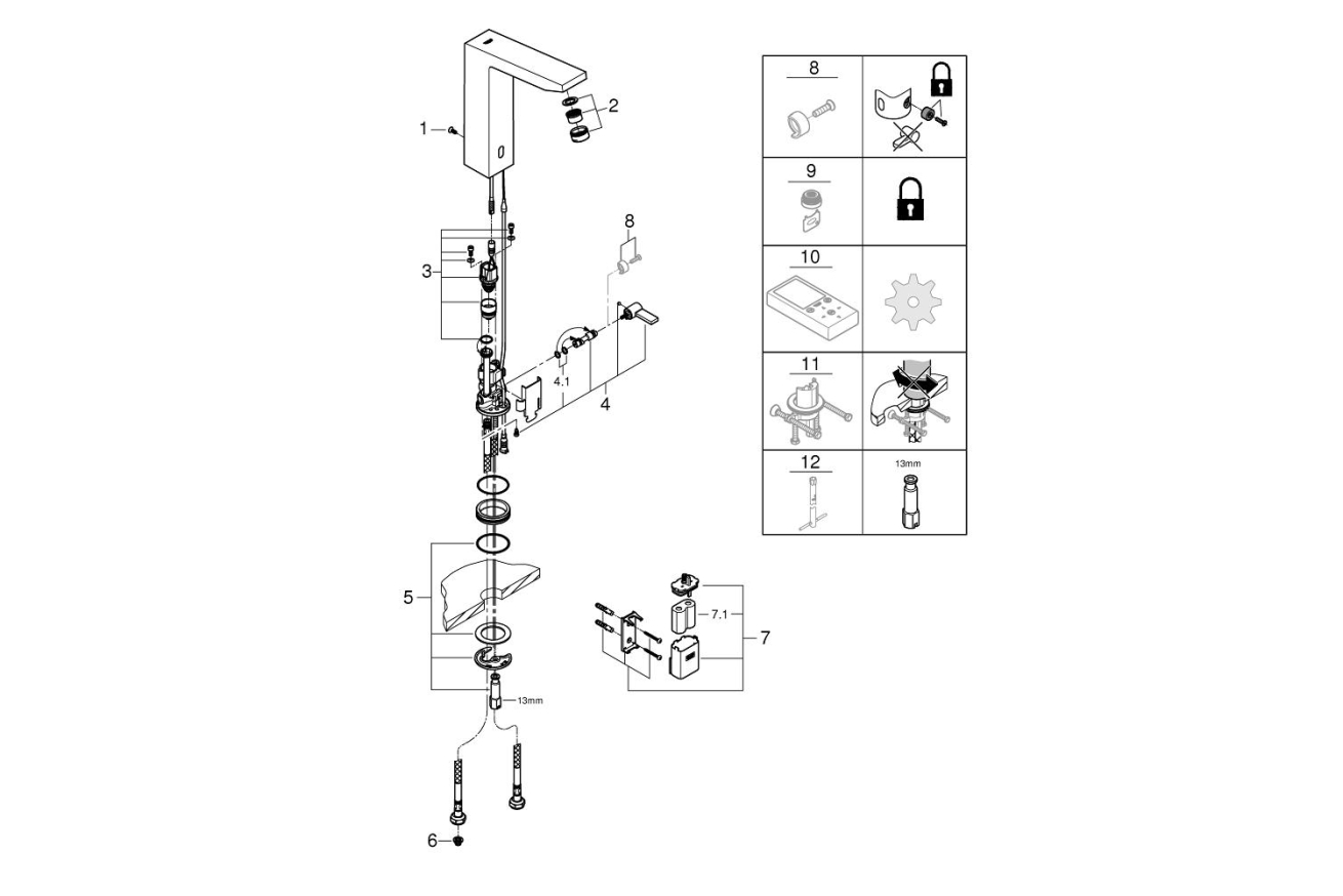 Смеситель для раковины GROHE Eurocube E инфракрасный, с регулировкой температуры, питание от батареи 6V, темный графит матовый (36441AL0)