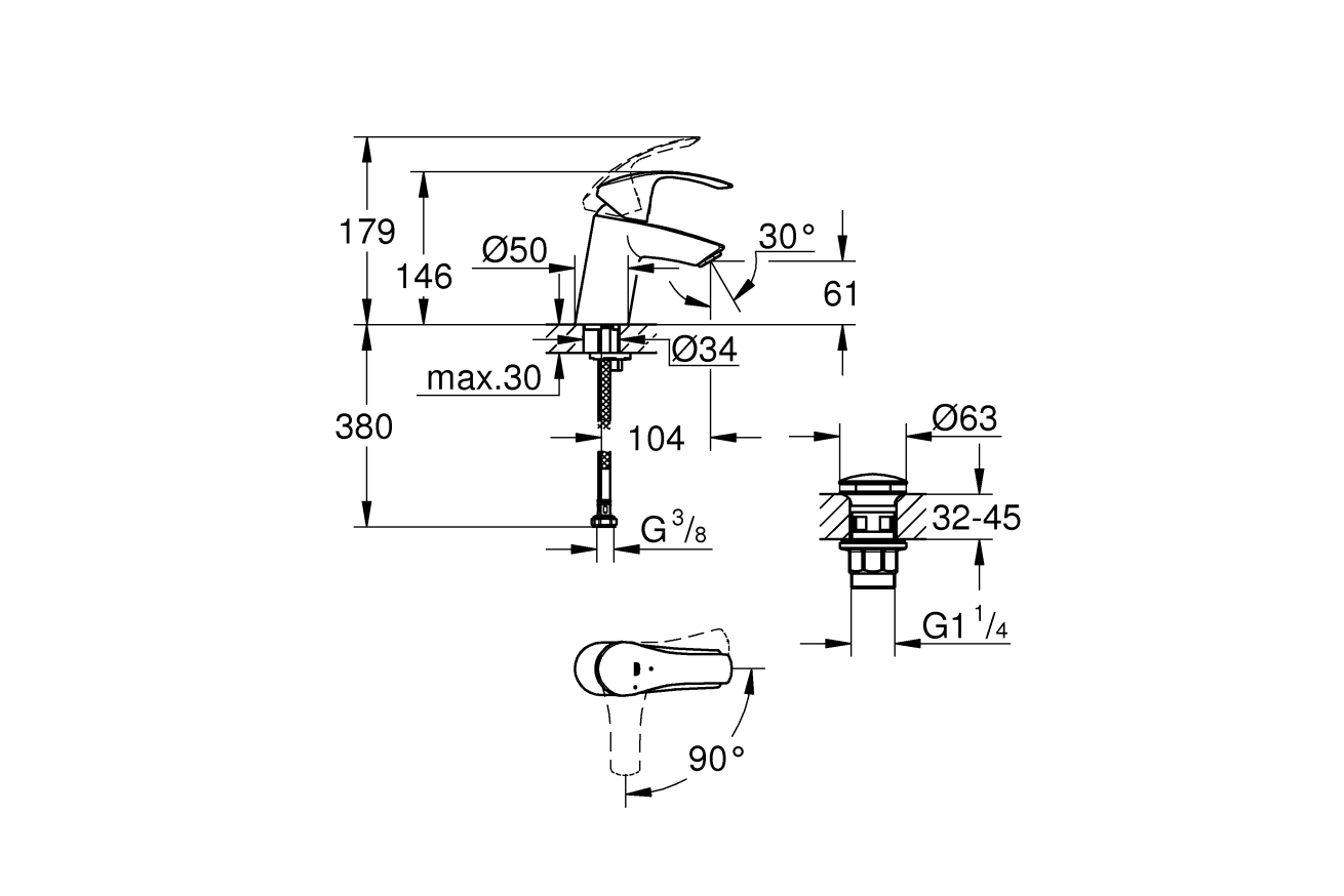 Смеситель для раковины GROHE Eurosmart, S-size, хром (23924002)