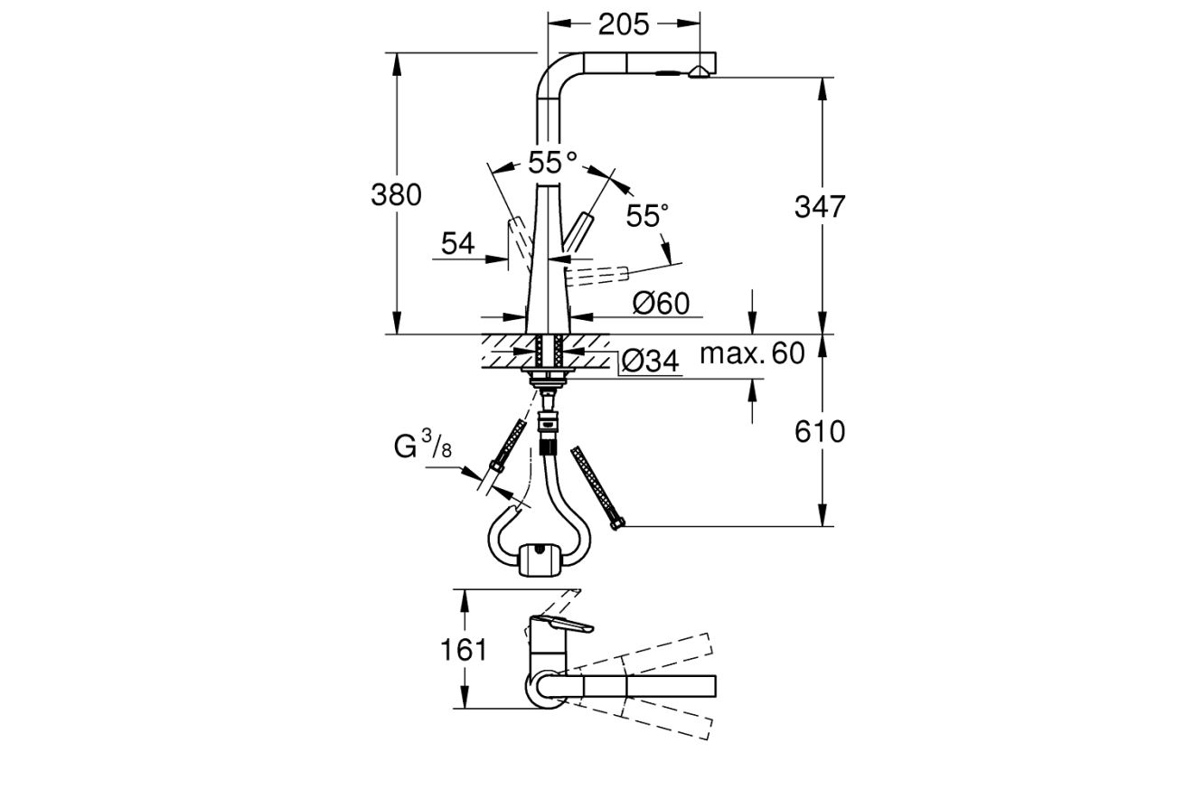 Смеситель для кухни GROHE Zedra с вытяжным душем 2jet, хром (32553002)