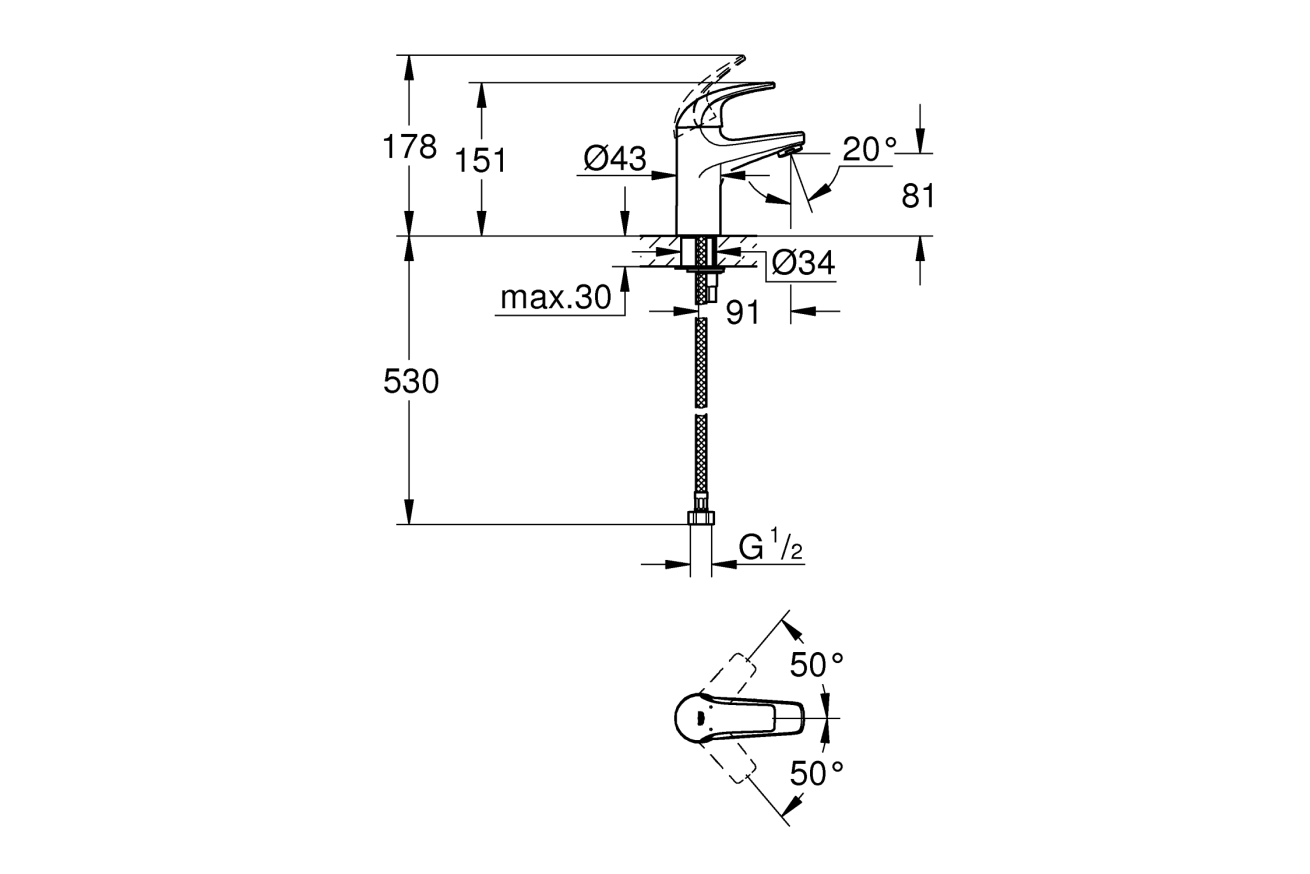 Смеситель для раковины GROHE BauCurve, хром (32848000)