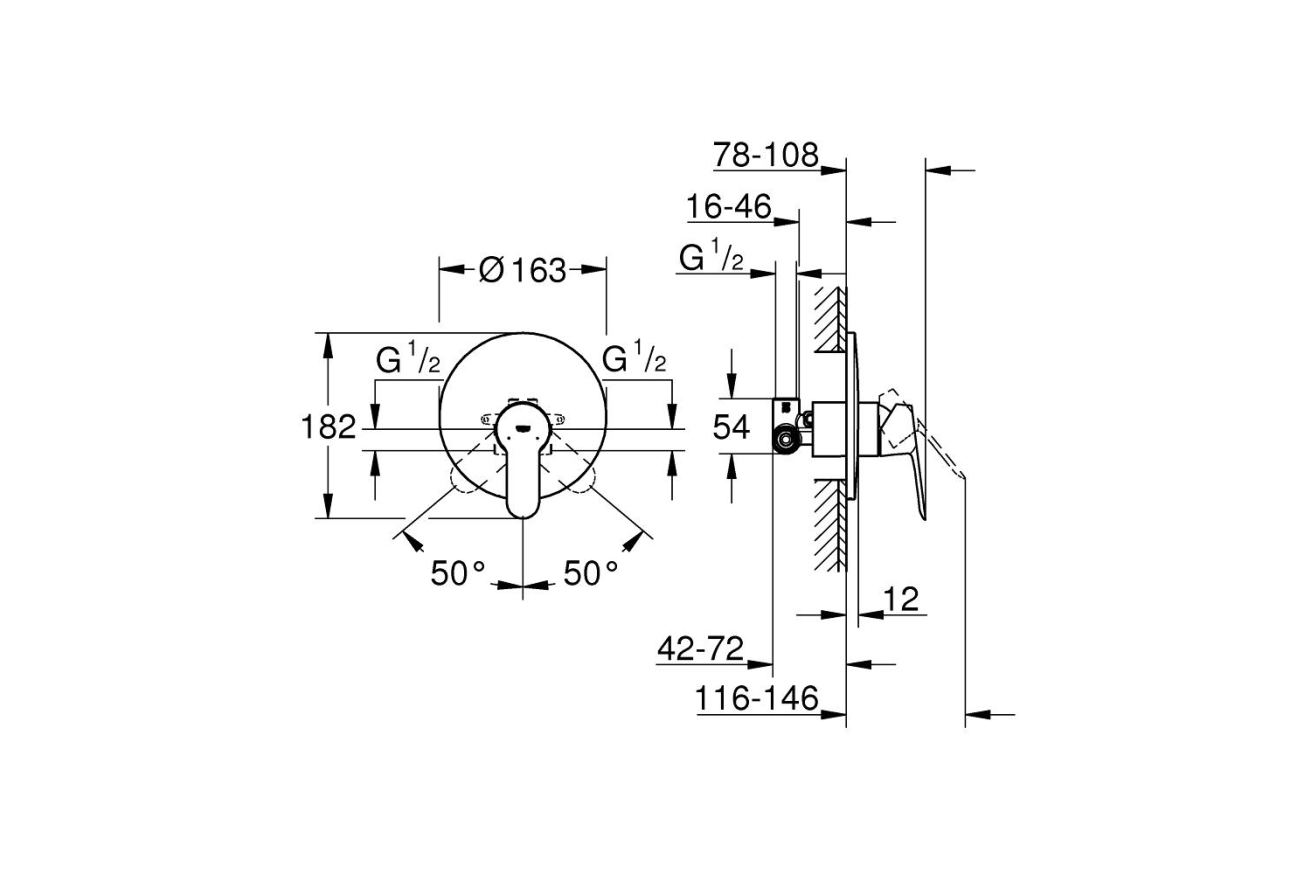 Смеситель для душа GROHE BauEdge в комплекте с монтажной частью, хром (29078000)