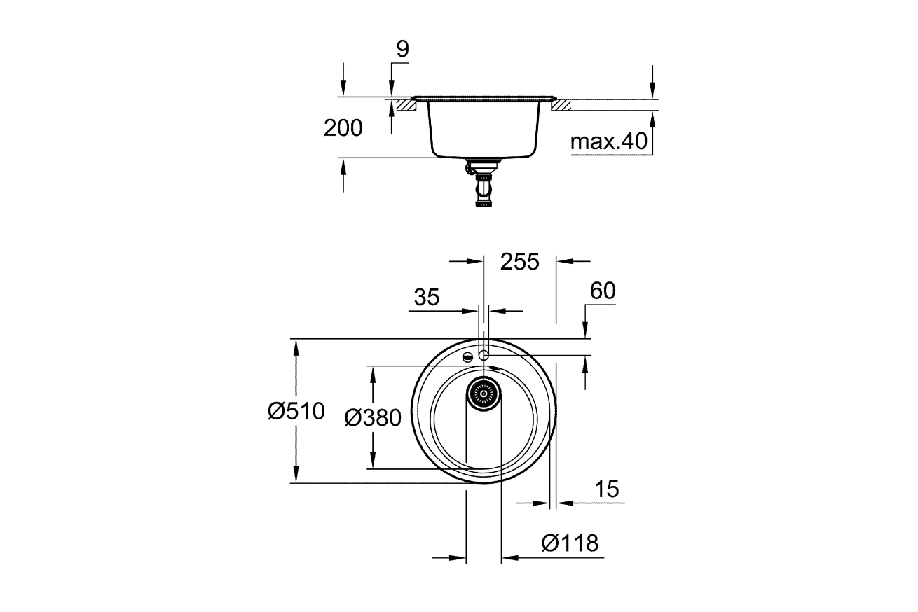 Мойка GROHE K200 с одной чашей, 51 см, черный гранит (31656AP0)