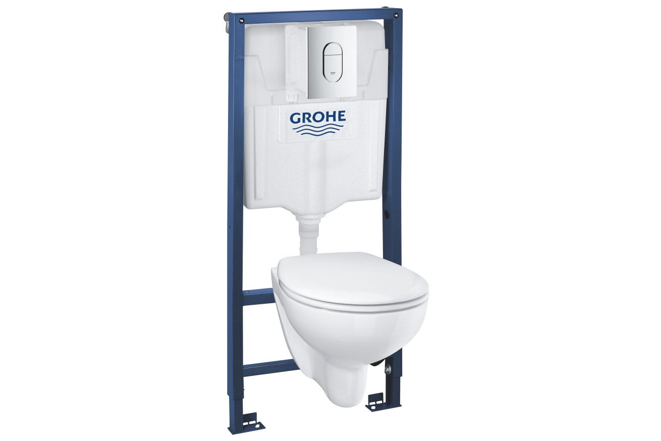 Набор GROHE Solido 5-в-1: подвесной унитаз с крышкой + система инсталляции с панелью смыва Arena Cosmopolitan (39418000)