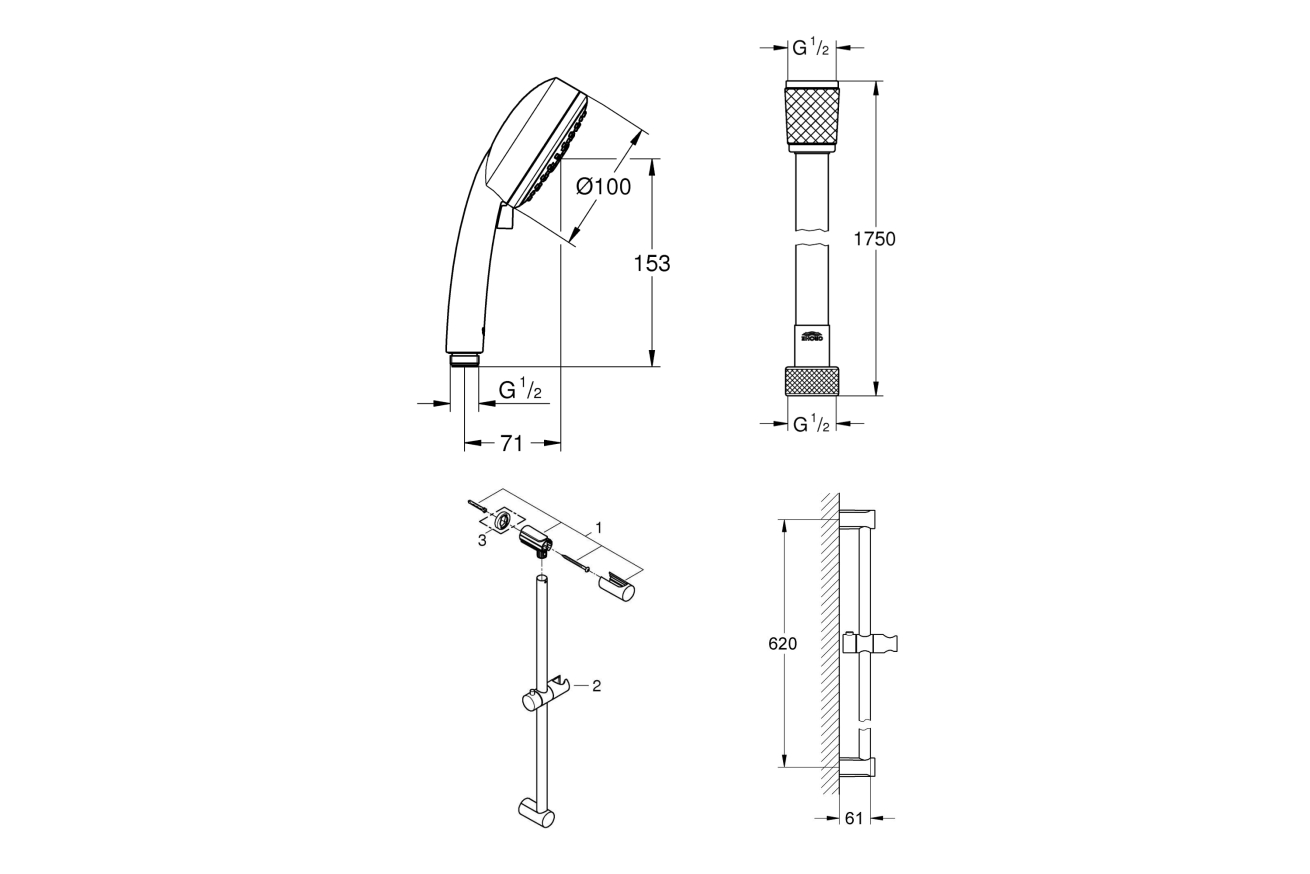 Душевой гарнитур GROHE Tempesta Cosmopolitan 100, 3 режима струи, душевая штанга 600 мм, 9,5 л/мин, хром (27579002)