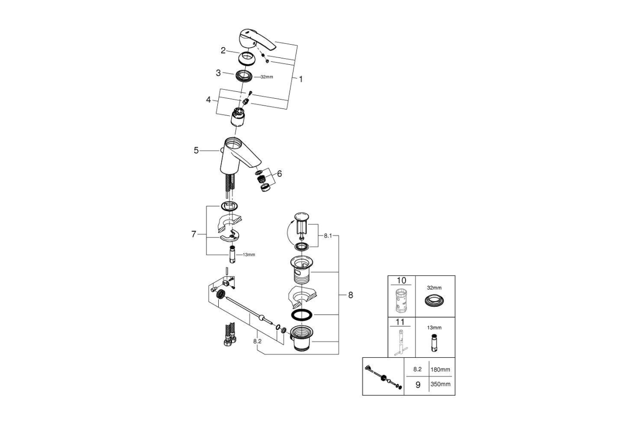 Смеситель для раковины GROHE Start QuickFix с донным клапаном, S-size, хром (32559001)