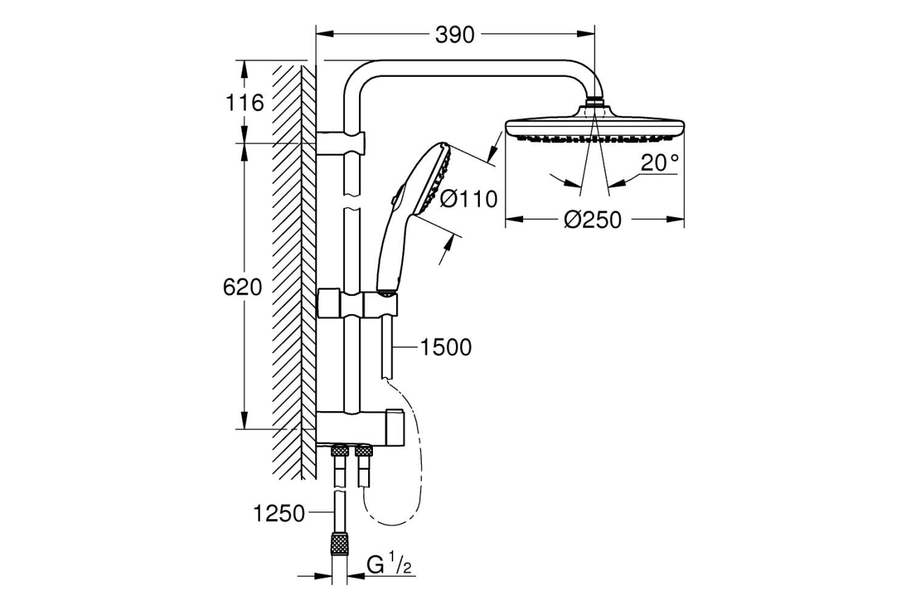 Душевая система GROHE Tempesta System 250 Flex с переключателем потоков, черный (269802431)