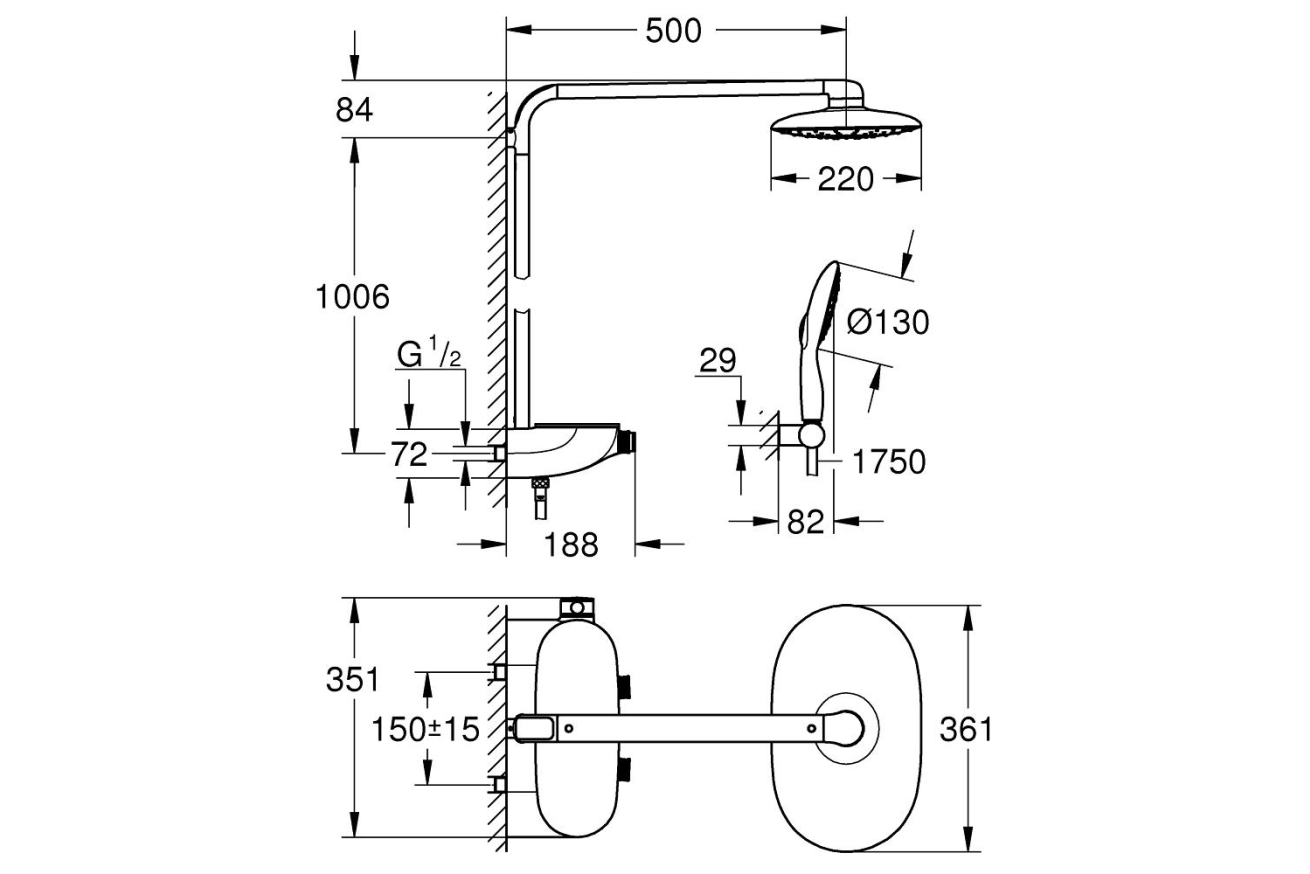 Душевая система GROHE Rainshower System SmartControl 360 MONO с термостатом для душа, белая луна (26361LS0)