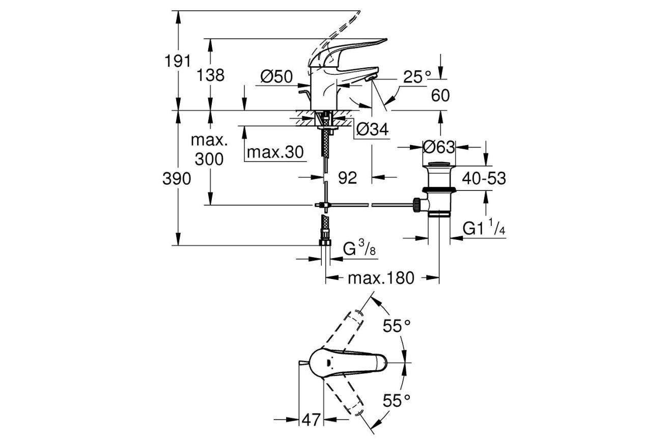 Смеситель для раковины GROHE Euroeco Special с донным клапаном, хром (32763000)