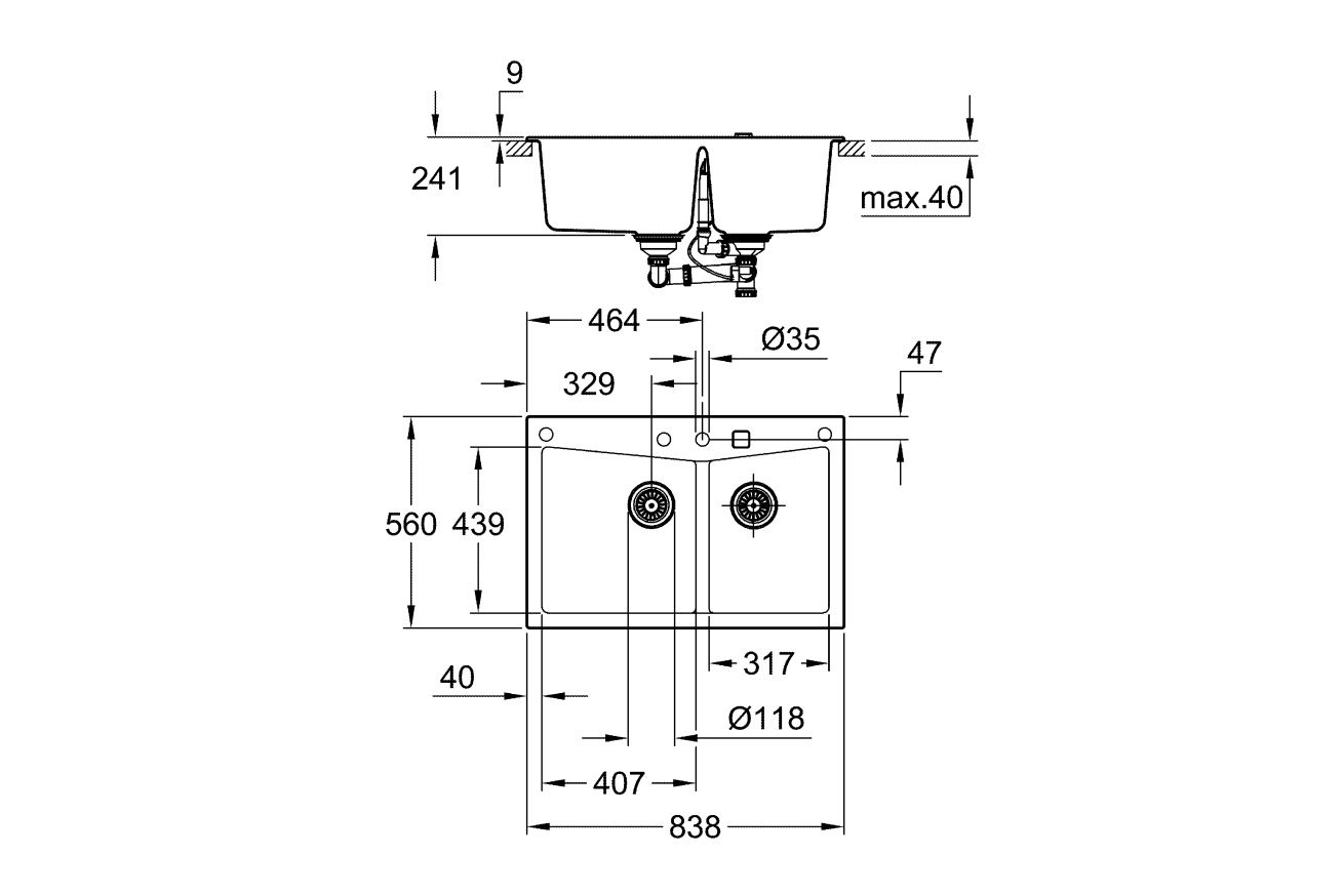 Мойка GROHE K700 с двумя чашами, 838 x 559 мм, серый гранит (31657AT0)