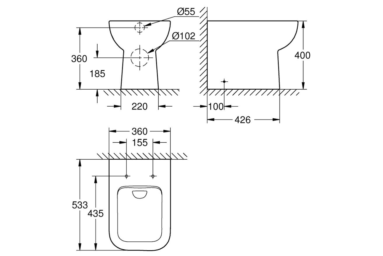 Унитаз напольный приставной безободковый GROHE Bau Edge, альпин-белый (39810000)