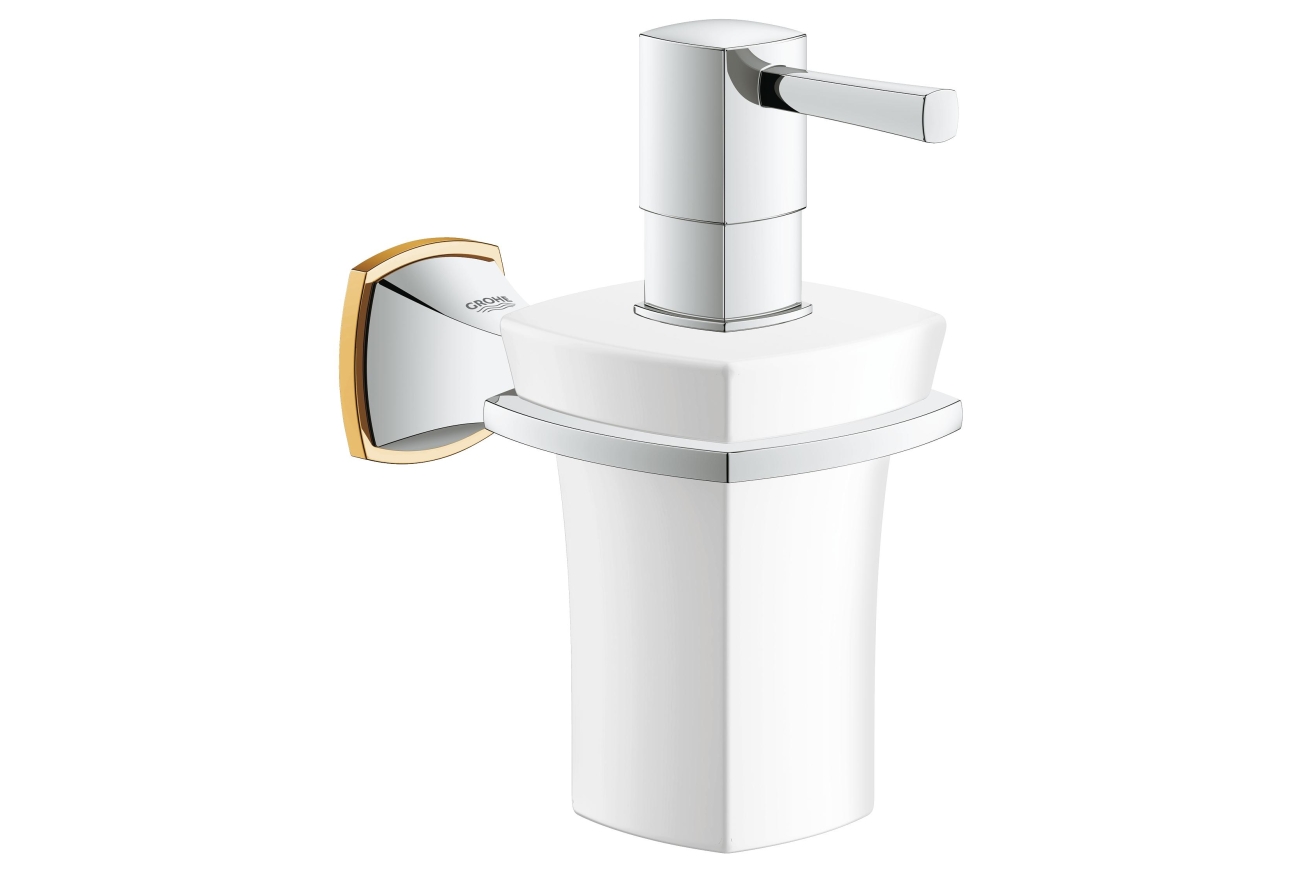 Дозатор жидкого мыла GROHE Grandera керамический, с держателем, хром/золото (40627IG0)