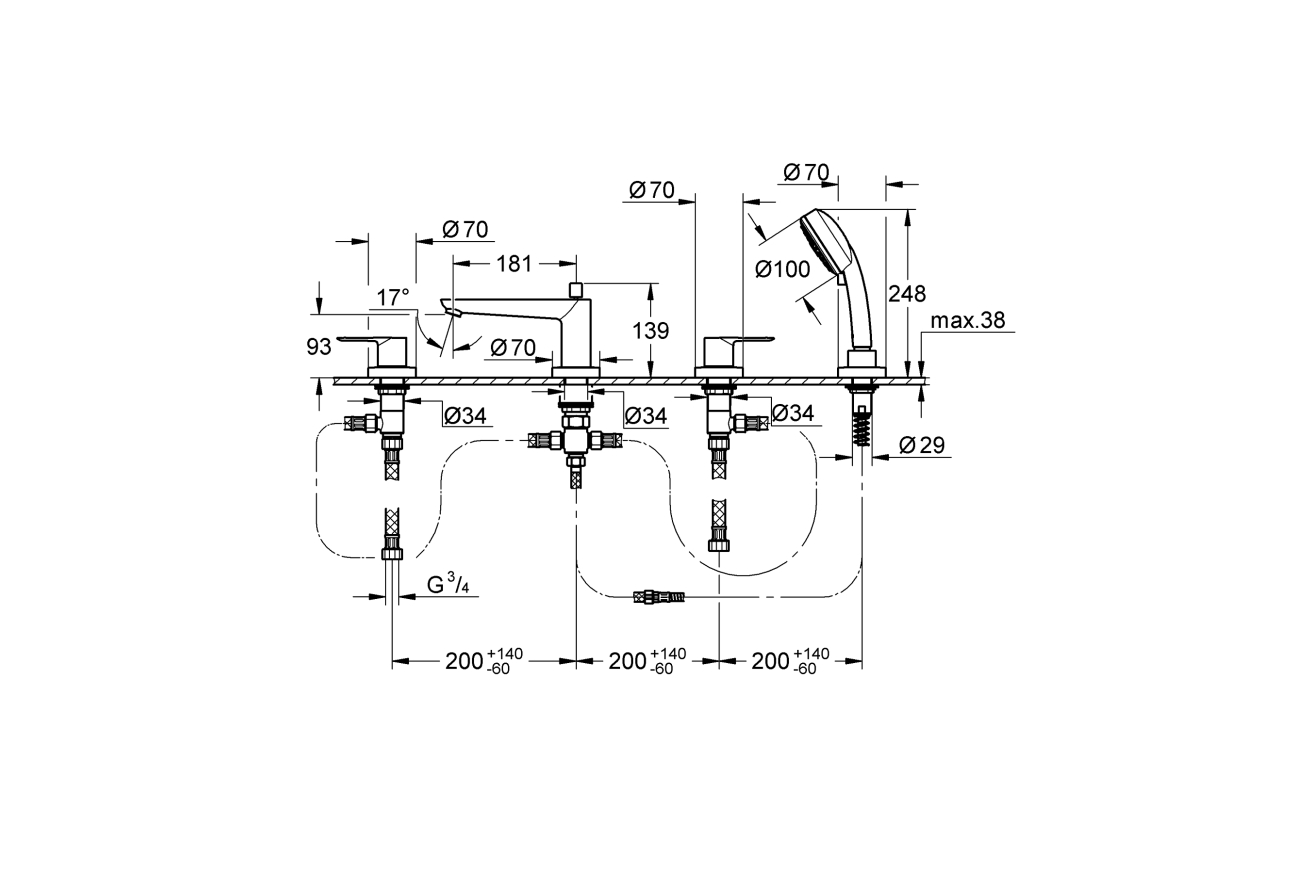 Смеситель для ванны GROHE BauEdge, хром (2512000A)