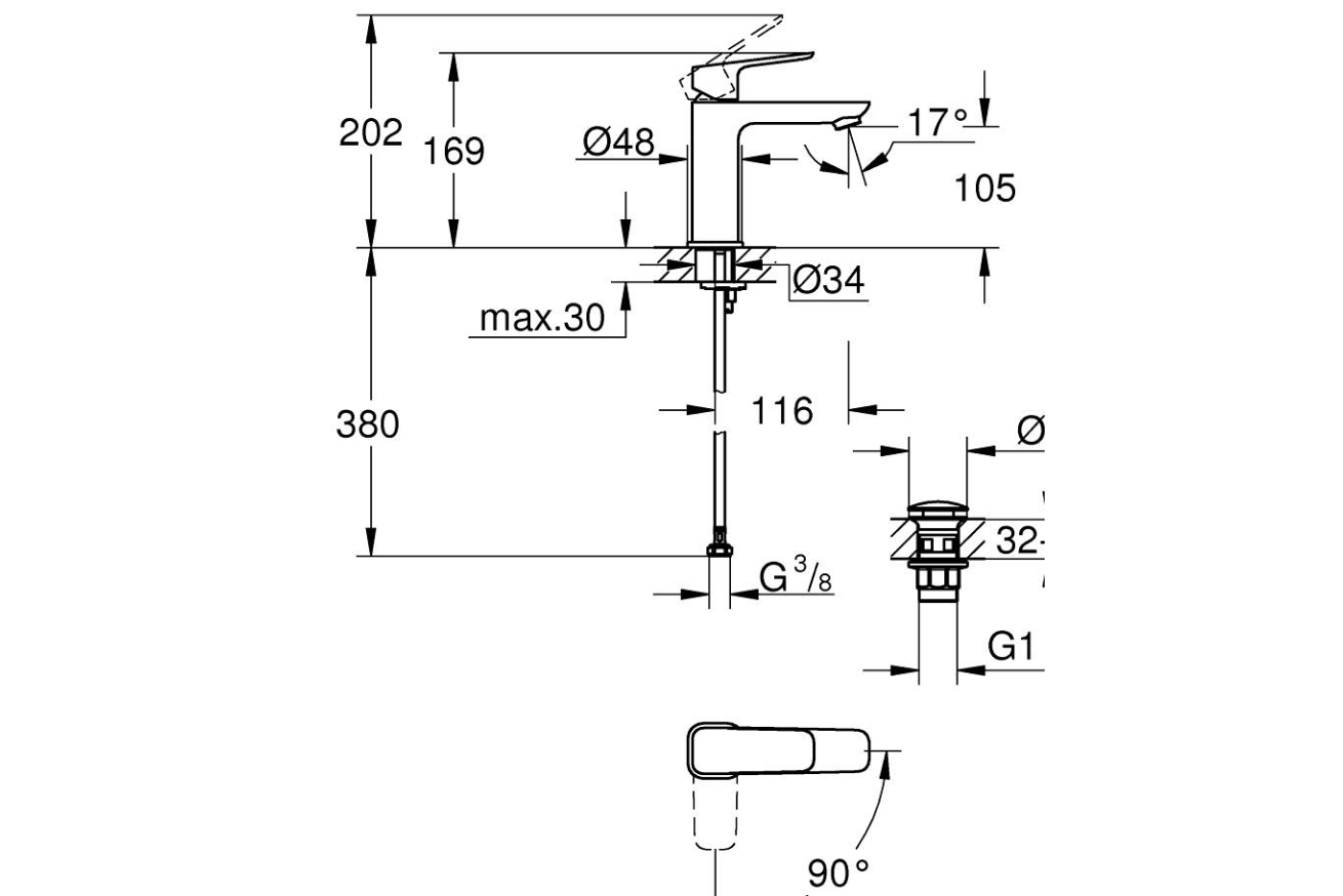 Смеситель для раковины GROHE Cubeo с донным клапаном, M-size, черный матовый (1017572430)