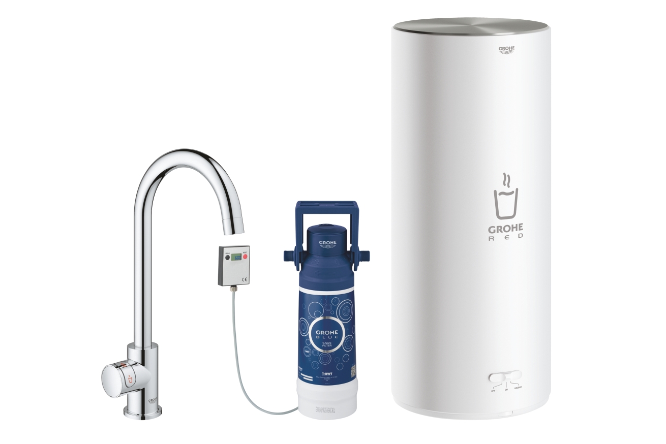 Комплект для кухни GROHE Red Mono с C-образным вентилем, бойлером L-Size и фильтром, хром (30080001)
