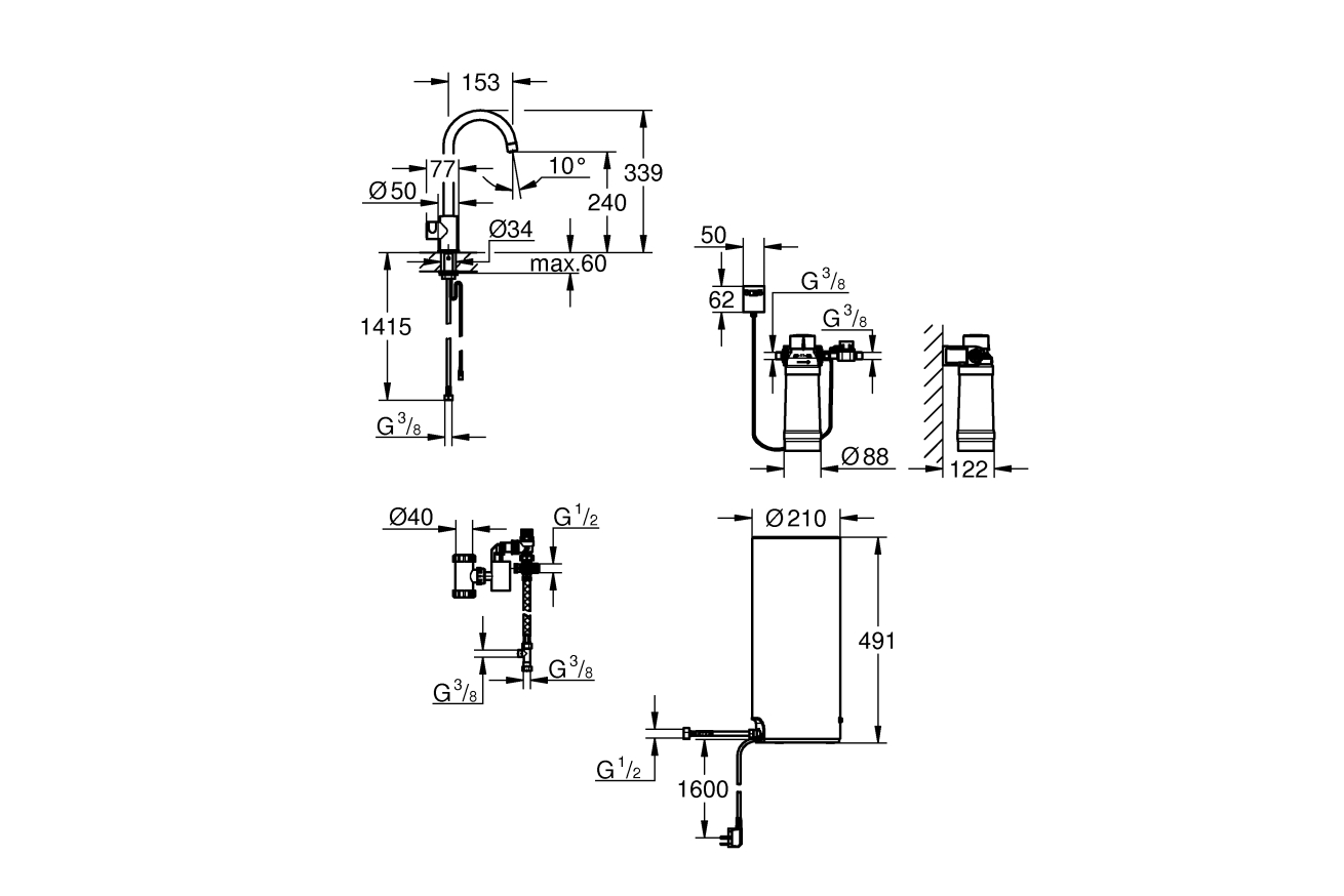 Комплект для кухни GROHE Red Mono с C-образным вентилем, бойлером L-Size и фильтром, хром (30080001)