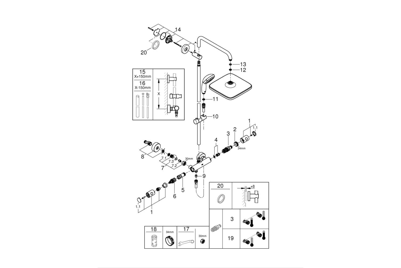 Душевая система GROHE Vitalio Start System 250 Cube с термостатом для душа, хром (26697000)