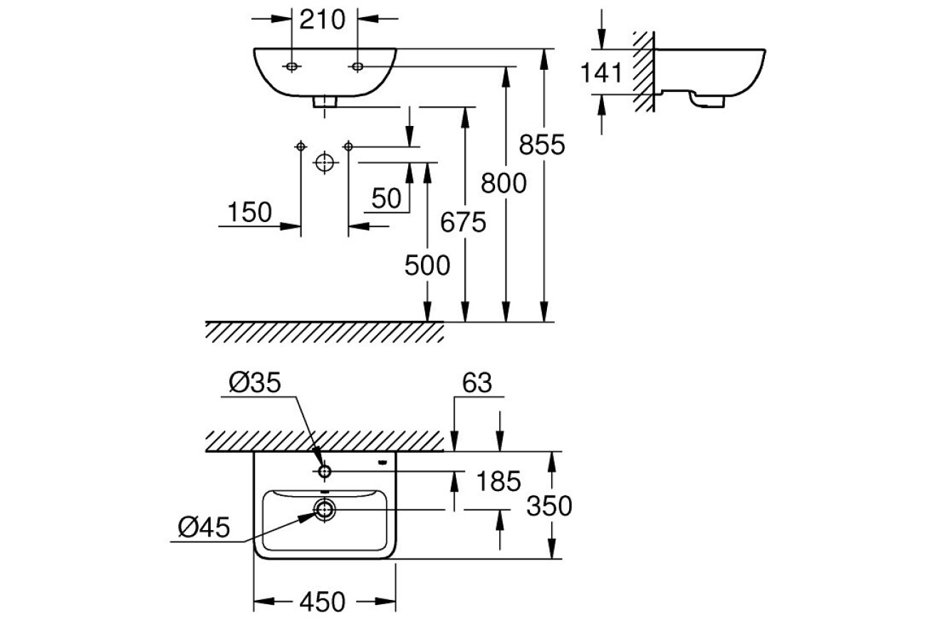 Раковина подвесная GROHE Bau Edge 45 см, альпин-белый (39806000)