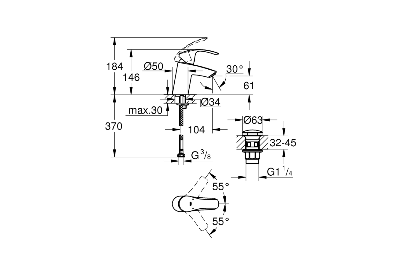 Смеситель для раковины GROHE Eurosmart с нажимным донным клапаном S-Size, хром (23922002)
